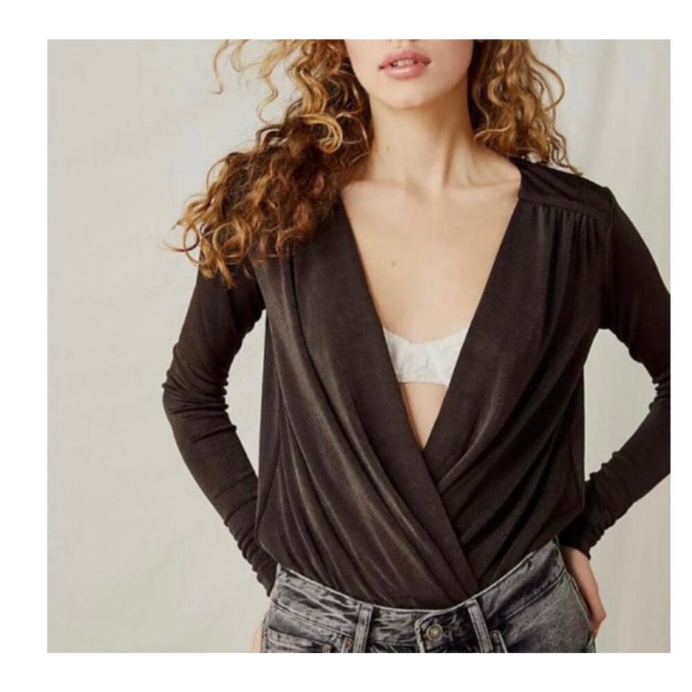 Free People Long Sleeve Front Wrap Plunging Neck Bodysuit